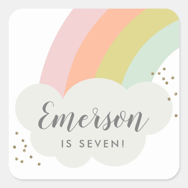 Pastel Rainbow Cloud Kids Birthday Party Square Sticker (Front)