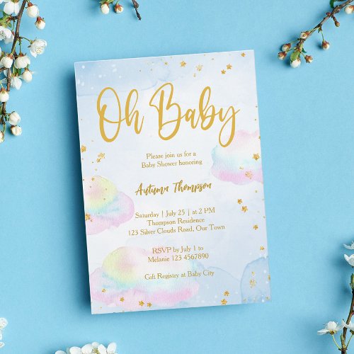 Pastel rainbow clouds glitter gold baby shower invitation