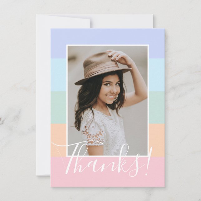 Pastel Rainbow Color Block Stripes Photo Thank You Card (Front)