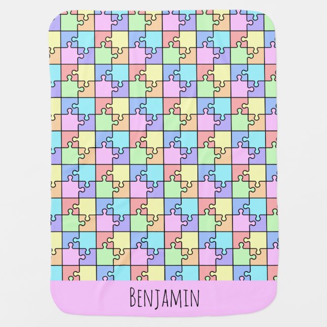 Pastel Rainbow Color Puzzle Geometric Name Baby Blanket (Front)