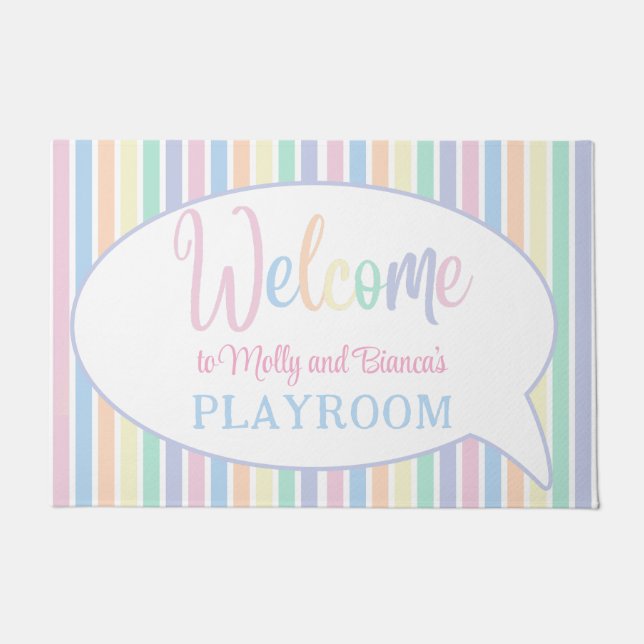 Pastel rainbow color striped welcome kids playroom doormat (Front)
