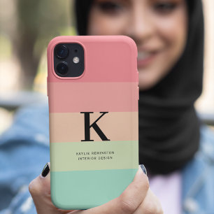 Pastel Rainbow Colorblock Stripe Pink Monogram on OtterBox iPhone 14 Plus Case