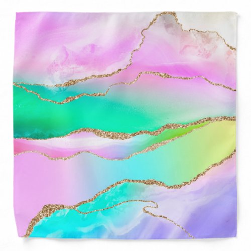 Pastel Rainbow Colors and Faux Gold Glitter Agate Bandana
