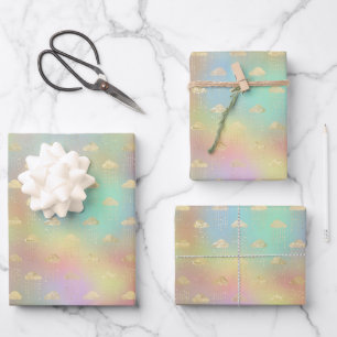 Pastel Rainbow Colors Gold Cloud Raining Showers Wrapping Paper Sheets