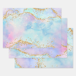 Pastel Rainbow Colors & Gold Glitter Agate Wrapping Paper Sheets