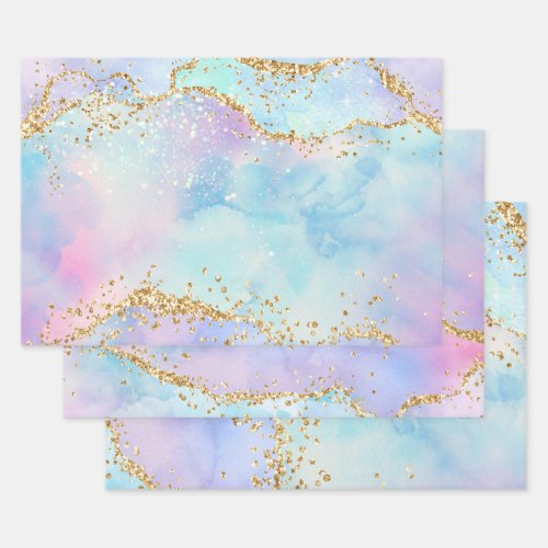 Pastel Rainbow Colors  Gold Glitter Agate Wrapping Paper Sheets