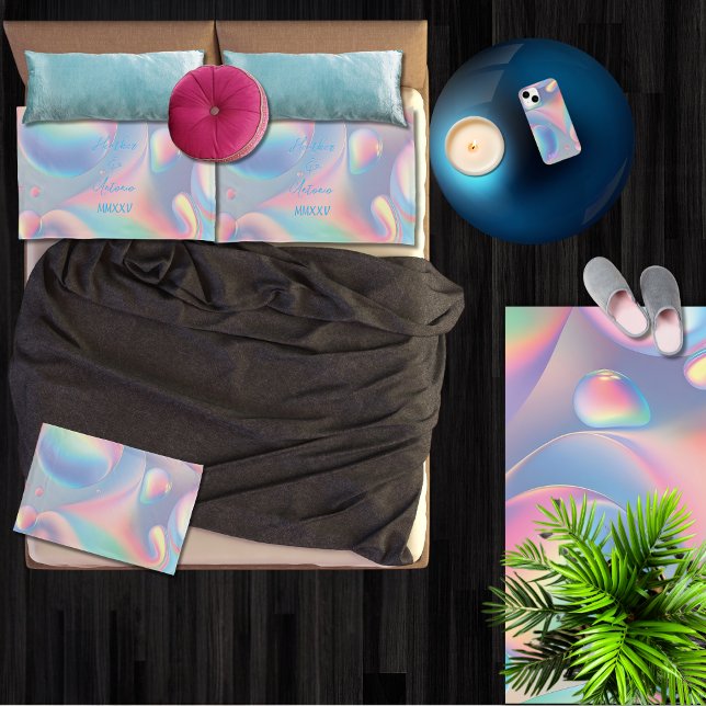 Pastel Rainbow Couple Name and Date Standard Size Pillow Case (Pastel abstract bubble art pillowcases with your names and date, or able to delete for image only)