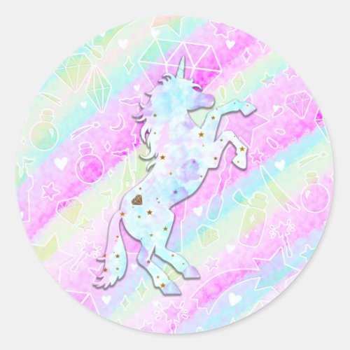 Pastel Rainbow Diamonds  Stars Magical Unicorn Classic Round Sticker
