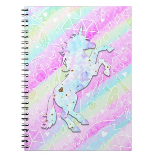Pastel Rainbow Diamonds  Stars Magical Unicorn Notebook