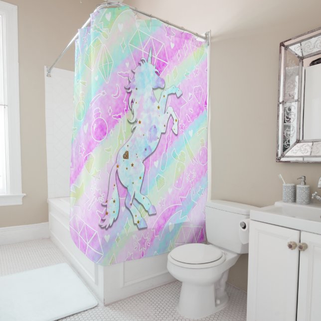 Pastel Rainbow Diamonds & Stars Magical Unicorn Shower Curtain (In Situ)
