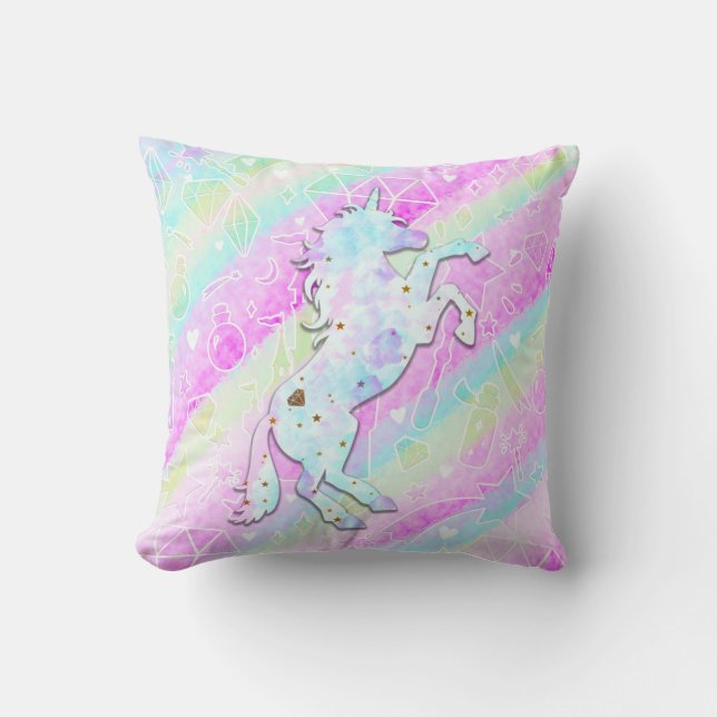 Pastel Rainbow Diamonds & Stars Magical Unicorn Throw Pillow (Front)