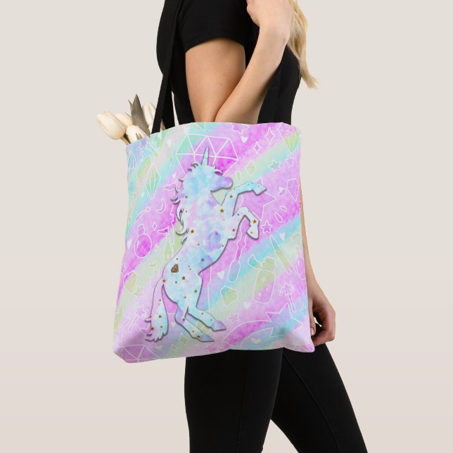 Pastel Rainbow Diamonds & Stars Magical Unicorn Tote Bag (Close Up)