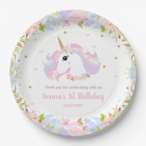 Pastel Rainbow Floral Cute Unicorn Birthday Party  Paper Plates