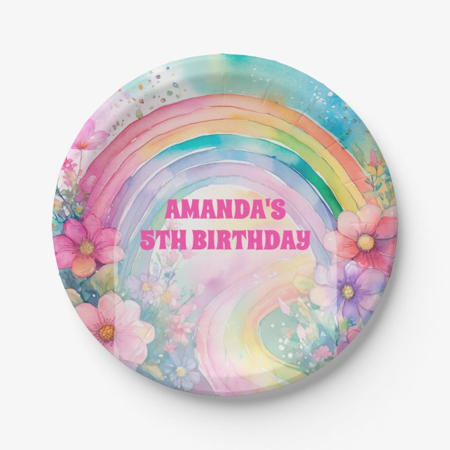Pastel Rainbow Flowers Let's Party Retro Birthday Paper Plates (Front)