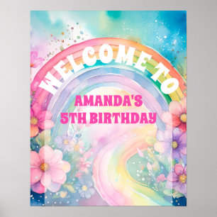 Pastel Rainbow Flowers Let's Party Retro Birthday Poster