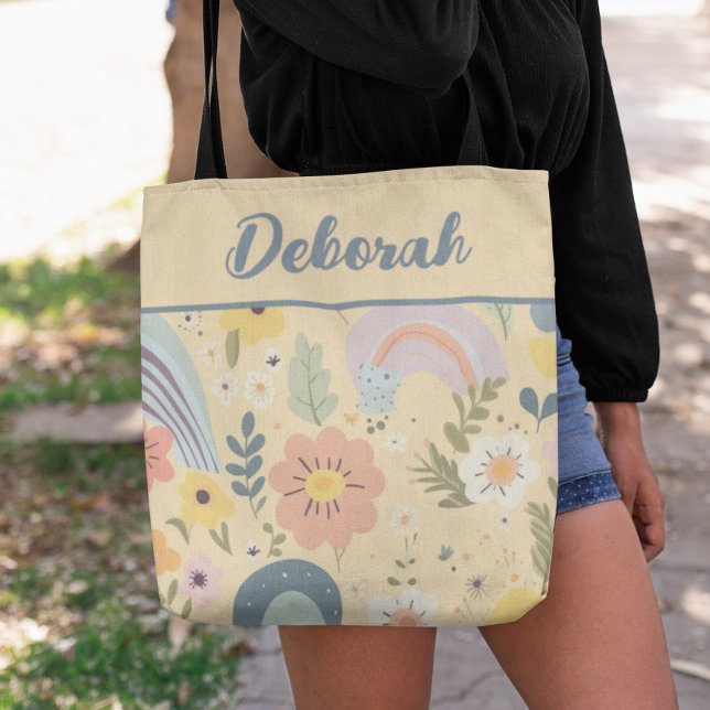 Pastel Rainbow Flowers Personalized Tote Bag (Creator Uploaded)