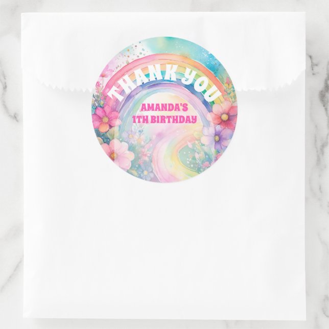 Pastel Rainbow Flowers Retro Birthday Thank You Classic Round Sticker (Bag)