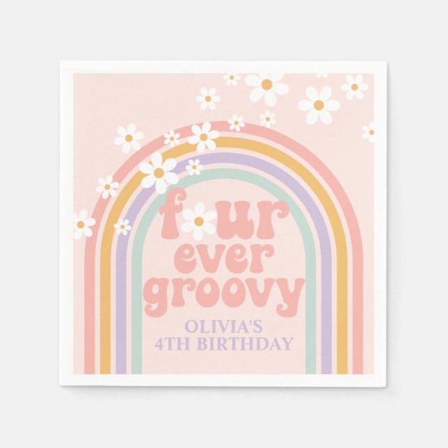 Pastel rainbow Four Ever Groovy 4th birthday Napkins (Front)