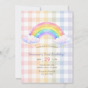 Pastel Rainbow Gingham First Birthday Invitation