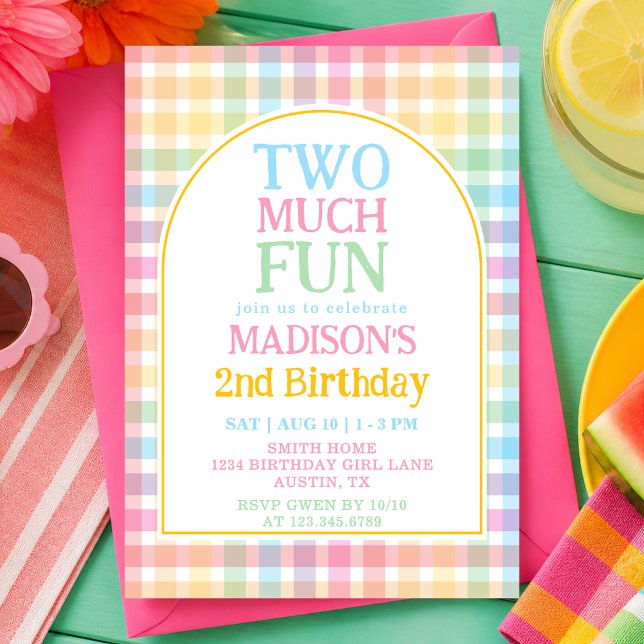 Pastel Rainbow Gingham Two Much Fun 2nd Birthday Invitation (Creator Uploaded)