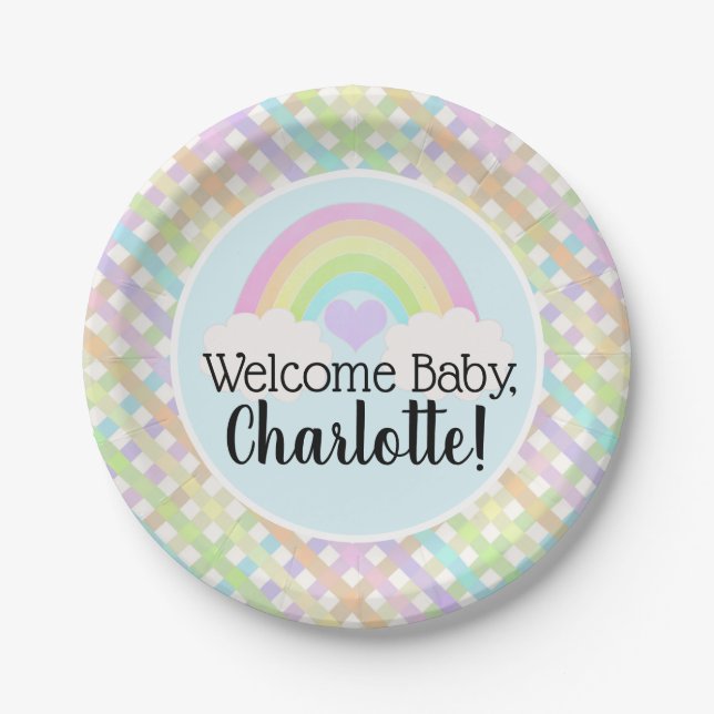 Pastel Rainbow Gingham Welcome Baby Shower Paper Plates (Front)