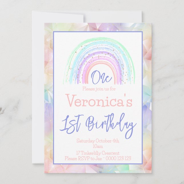 Pastel Rainbow Girl 1st Birthday Geometric Border Invitation (Front)