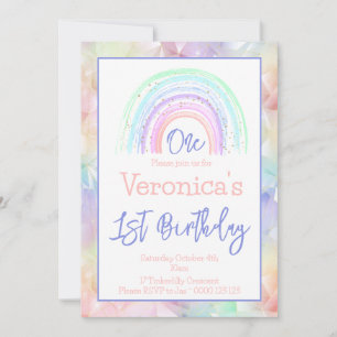 Pastel Rainbow Girl 1st Birthday Geometric Border Invitation