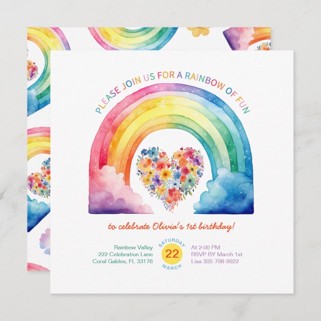 Pastel Rainbow Girl Birthday with Clouds Invitation (Front/Back)