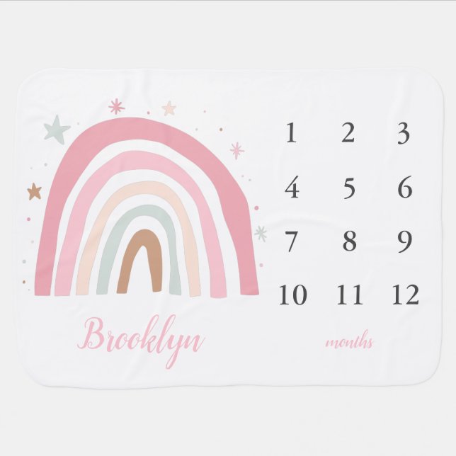 Pastel Rainbow Girl Monthly Milestone  Baby Blanket (Horizontal)