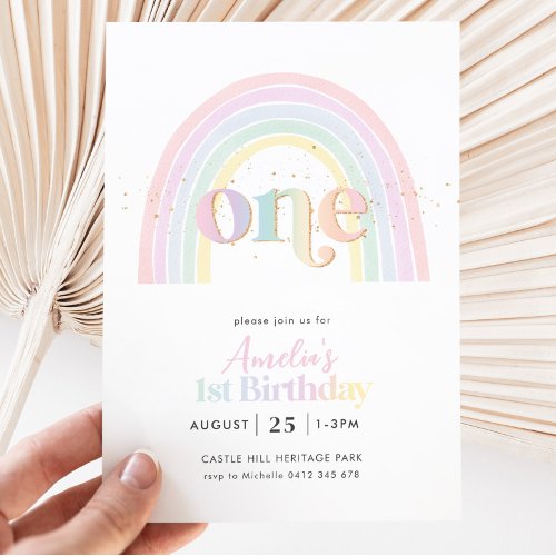 Pastel Rainbow Girls 1st Birthday Party Invitation