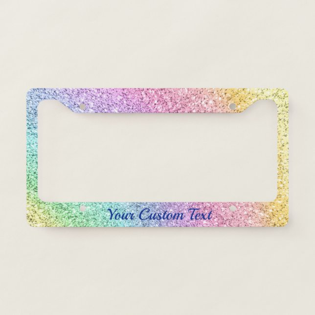 Pastel Rainbow Glitter Girly Glam Custom Unique License Plate Frame (Front)