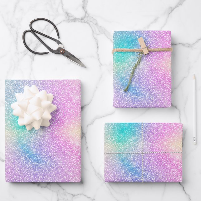 Pastel Rainbow Glitter Gradient Wrapping Paper Sheets (Front)
