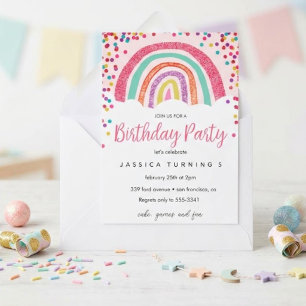 Pastel Rainbow Glitter Kids Birthday Party Invitation