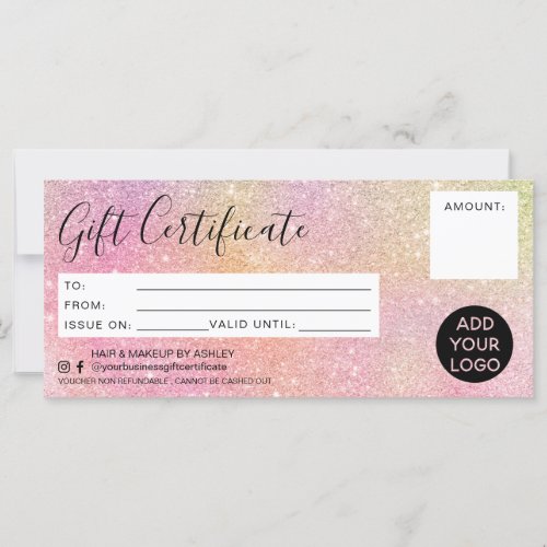 Pastel rainbow glitter pink gift certificate logo