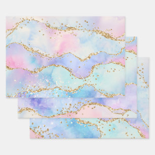 Pastel Rainbow & Gold Glitter Agate Wrapping Paper Sheets
