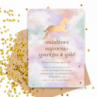 Pastel Rainbow Gold Unicorn Birthday Party Foil Invitation