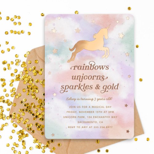 Pastel Rainbow Gold Unicorn Birthday Party Foil Invitation