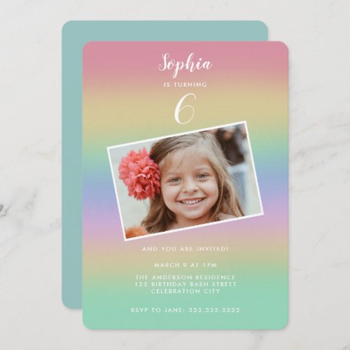 Pastel Rainbow Gradient Colourful Kids Birthday Invitation