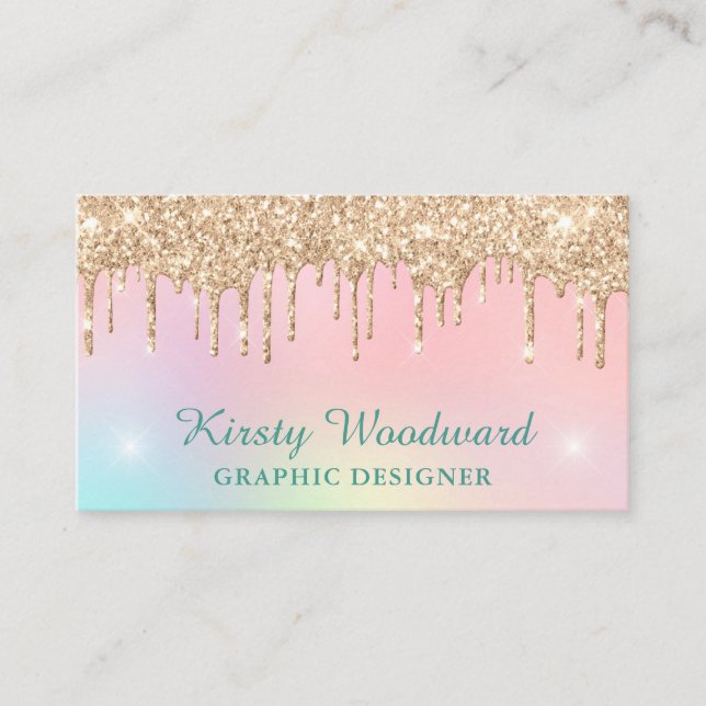 Pastel Rainbow Gradient & Gold Dripping Glitter Business Card (Front)