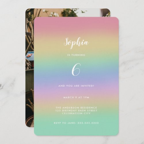 Pastel Rainbow Gradient Kids Birthday Photo Invitation