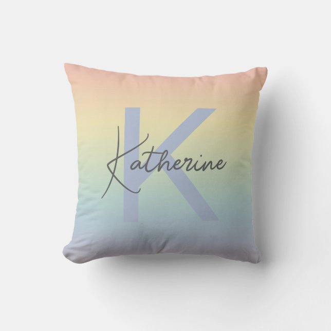 Pastel Rainbow Gradient Monogram Throw Pillow (Front)