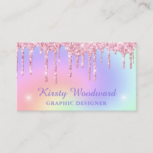 Pastel Rainbow Gradient  Pink Dripping Glitter  Business Card