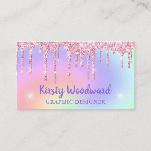 Pastel Rainbow Gradient  Pink Dripping Glitter Business Card