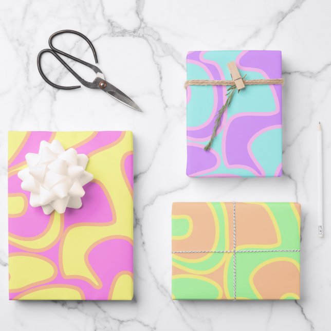 Pastel Rainbow Groovy Retro Fluid Art Unique Wrapping Paper Sheets (Front)