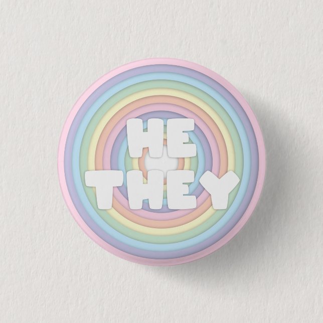Pastel Rainbow He/They Pronouns  Button (Front)