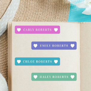 Pastel Rainbow Heart Kids Name Waterproof Labels
