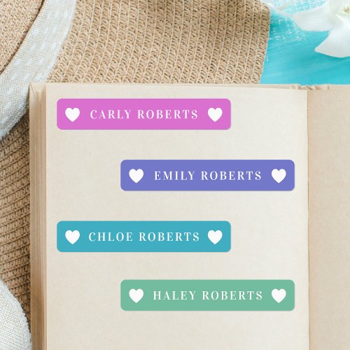 Pastel Rainbow Heart Kids Name Waterproof Labels