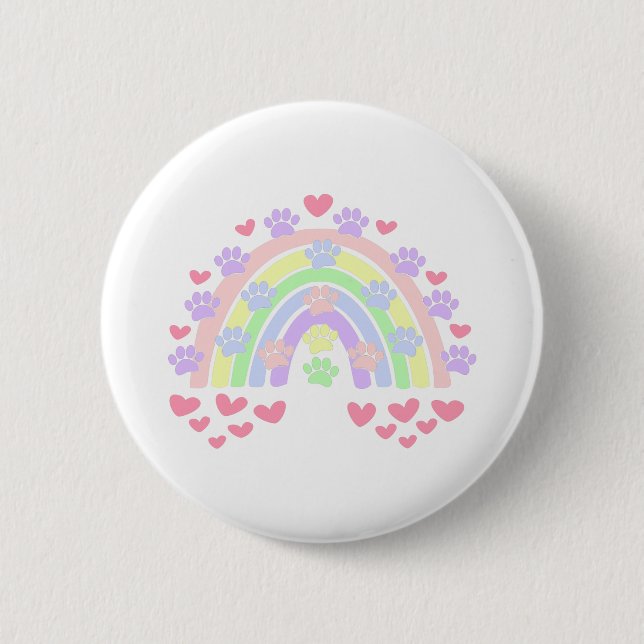 Pastel Rainbow Hearts and Dog Paw Prints Button (Front)