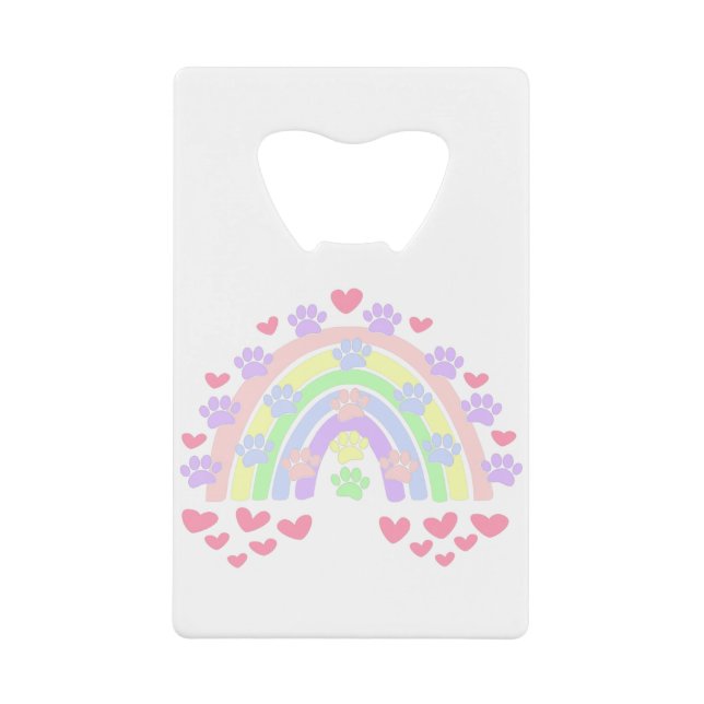 Pastel Rainbow Hearts and Dog Paw Prints Credit Card Bottle Opener (Front)