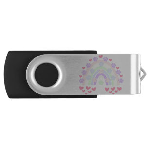 Pastel Rainbow Hearts and Dog Paw Prints Flash Drive